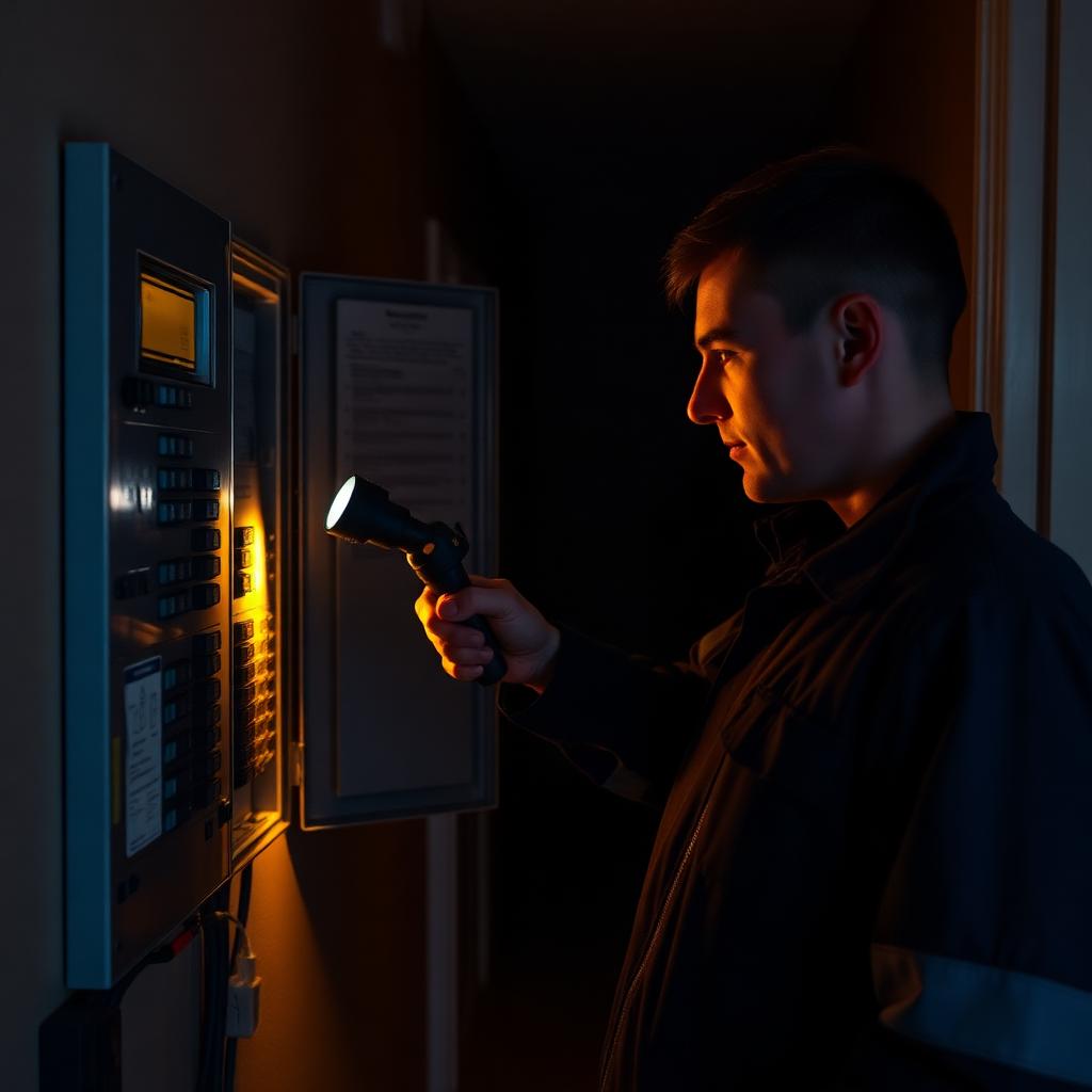 MPG Electrical engineer inspecting a consumer unit by torchlight during an emergency call-out